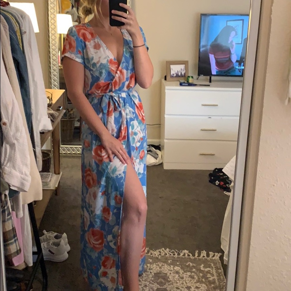 Watercolor rose maxi slit dress